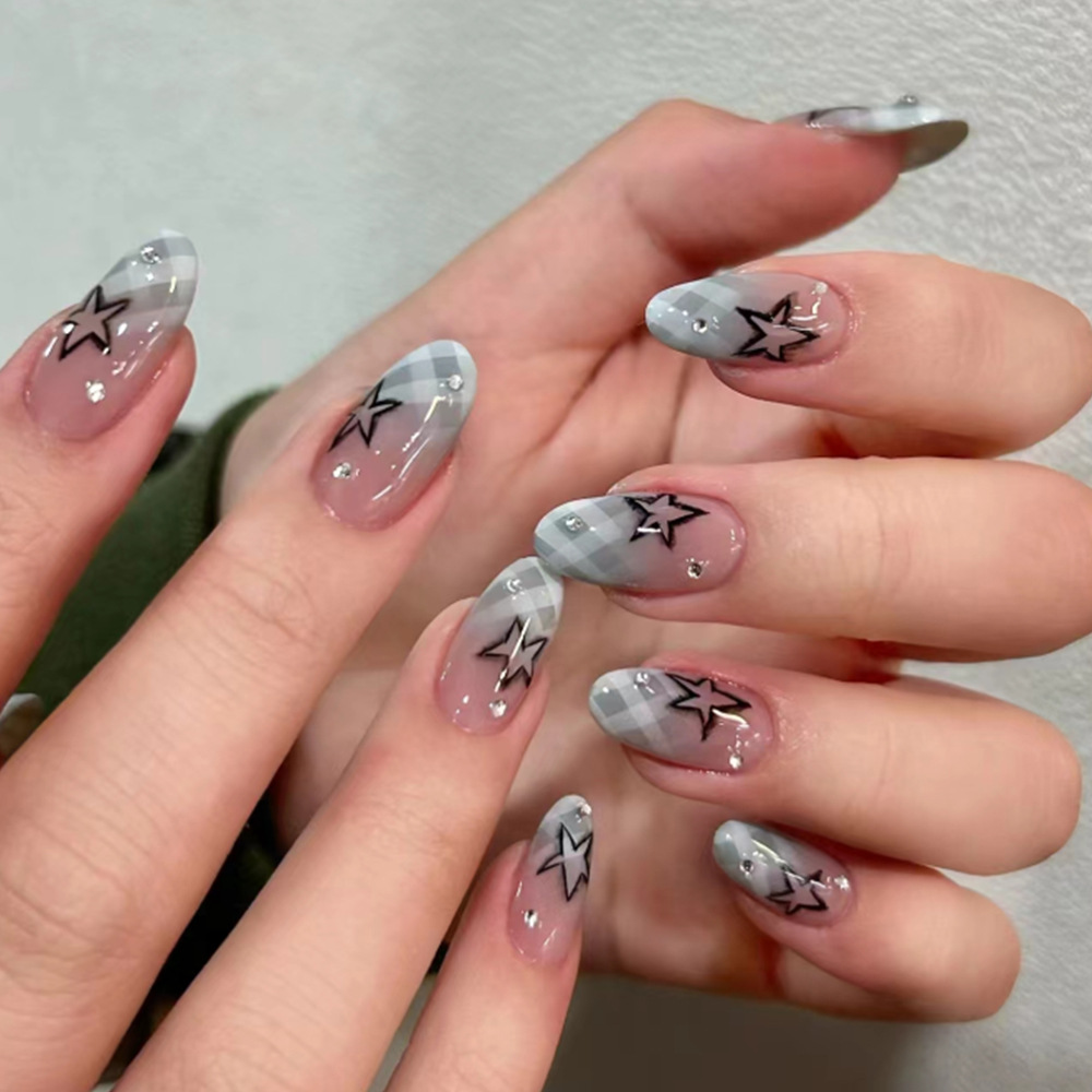 Nail Extension Tips - 24 pçs azul xadrez gradiente unhas